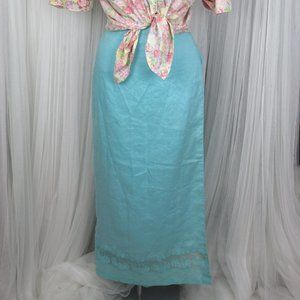 Vintage 1990s Size Large/Xlarge Sky Blue Linen Wrap Maxi Skirt With Cherries